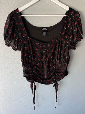 Social Collision black skull cherry mesh puff sleeve crop top Women’s sz XL